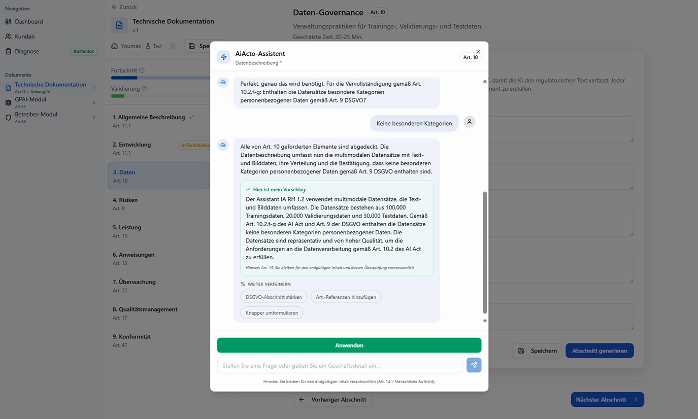 KI-Assistenten-Oberfläche — geführte AI Act- und DSGVO-Erstellung