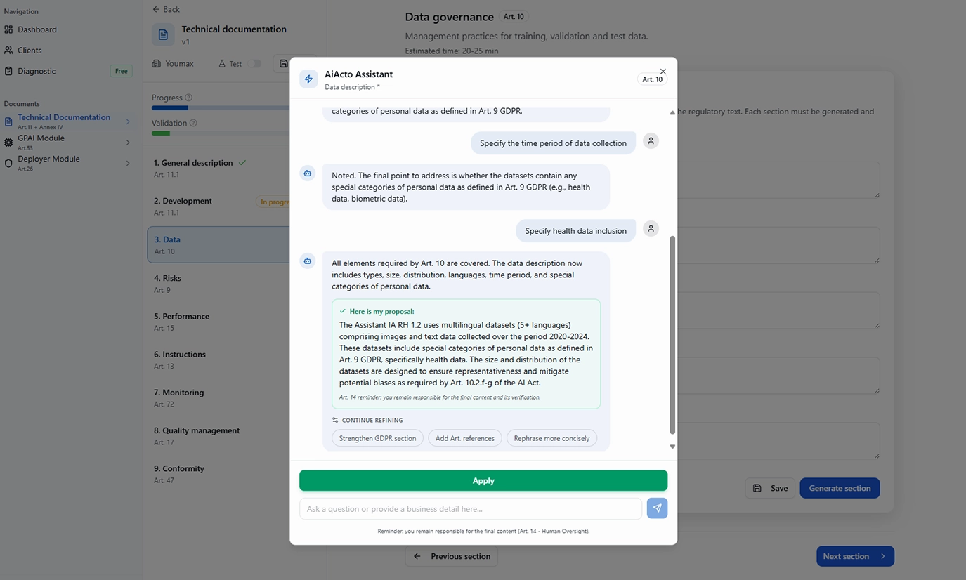 AI assistant interface — guided AI Act and GDPR drafting