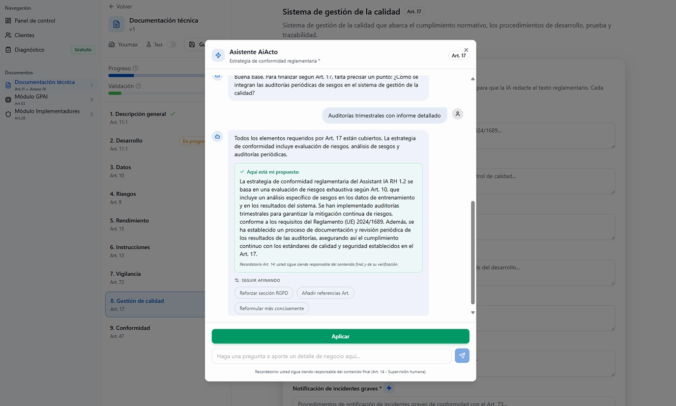 Interfaz del asistente IA — redacción guiada AI Act y RGPD
