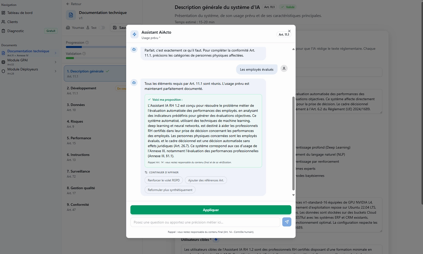 Interface assistant IA — rédaction guidée AI Act et RGPD