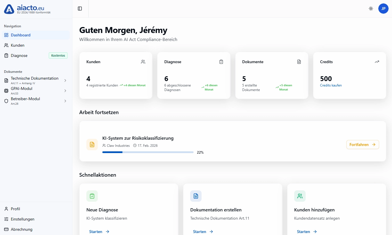 aiacto Oberfläche — AI Act Konformitätsdiagnose