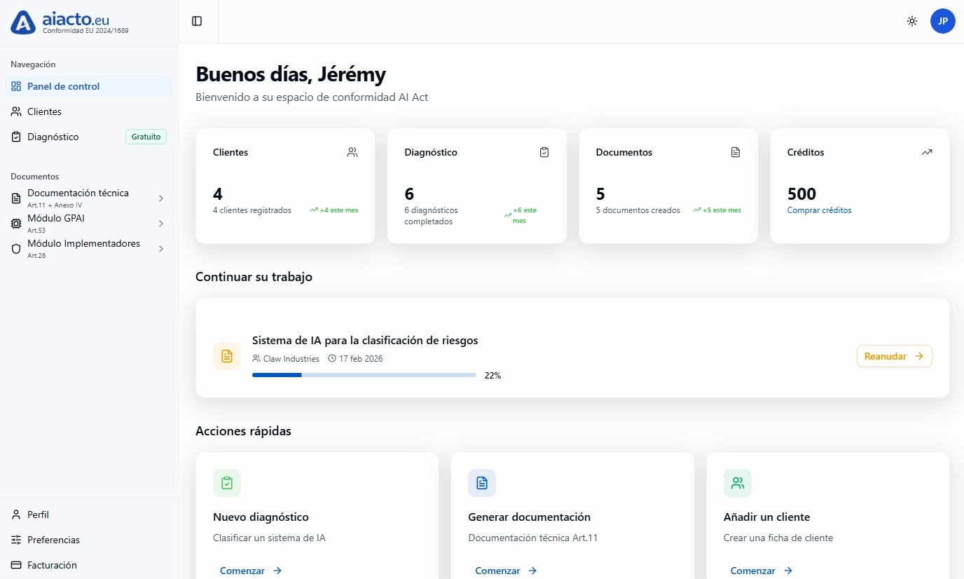 Interfaz aiacto — diagnóstico de conformidad AI Act