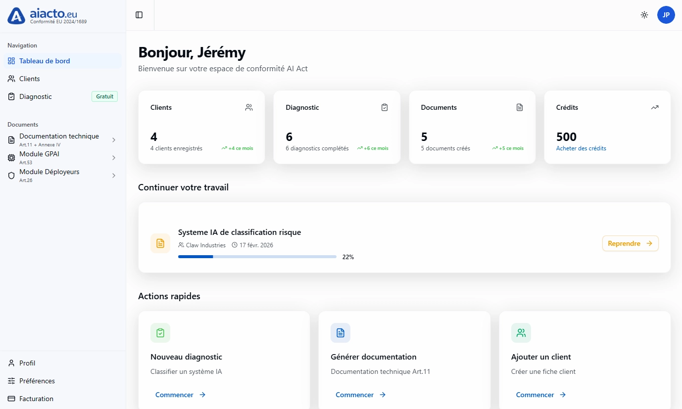 Interface aiacto — diagnostic de conformité AI Act
