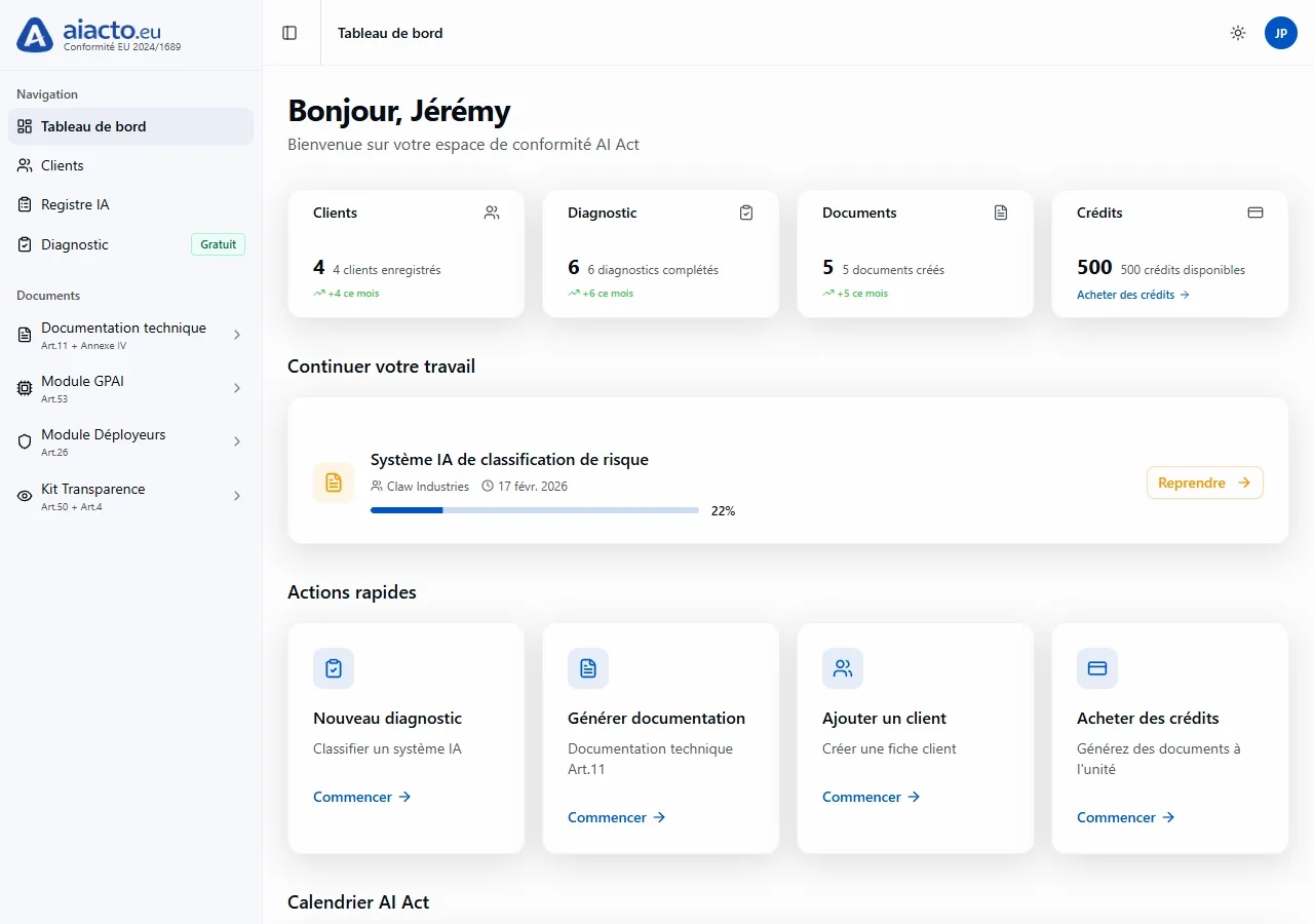Interface aiacto, tableau de bord de conformité AI Act