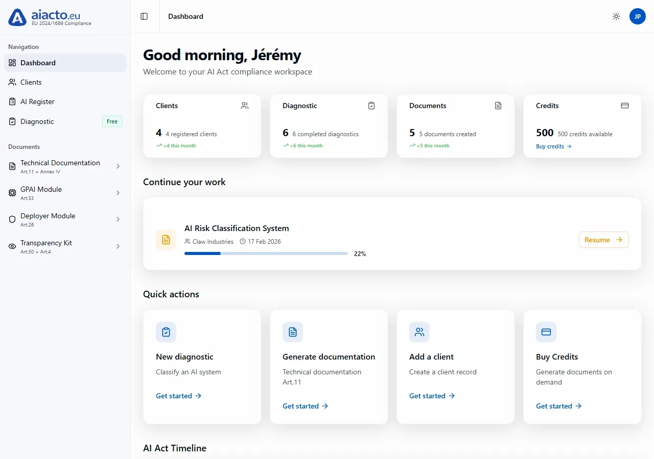 aiacto interface, AI Act compliance dashboard